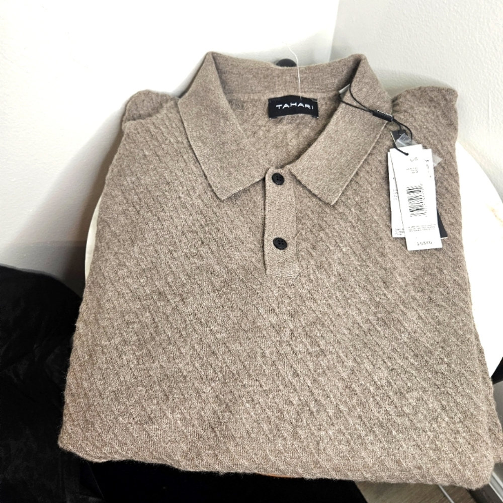 NWT Tahari Wool Blend Knit Polo Sweater W/Long Sleeves, Various Sizes, Taupe